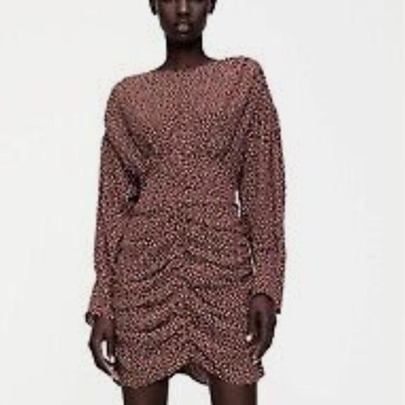 NWT Zara Printed Draped Long Sleeve Ruched Dress Sz XS - Picture 1 of 9